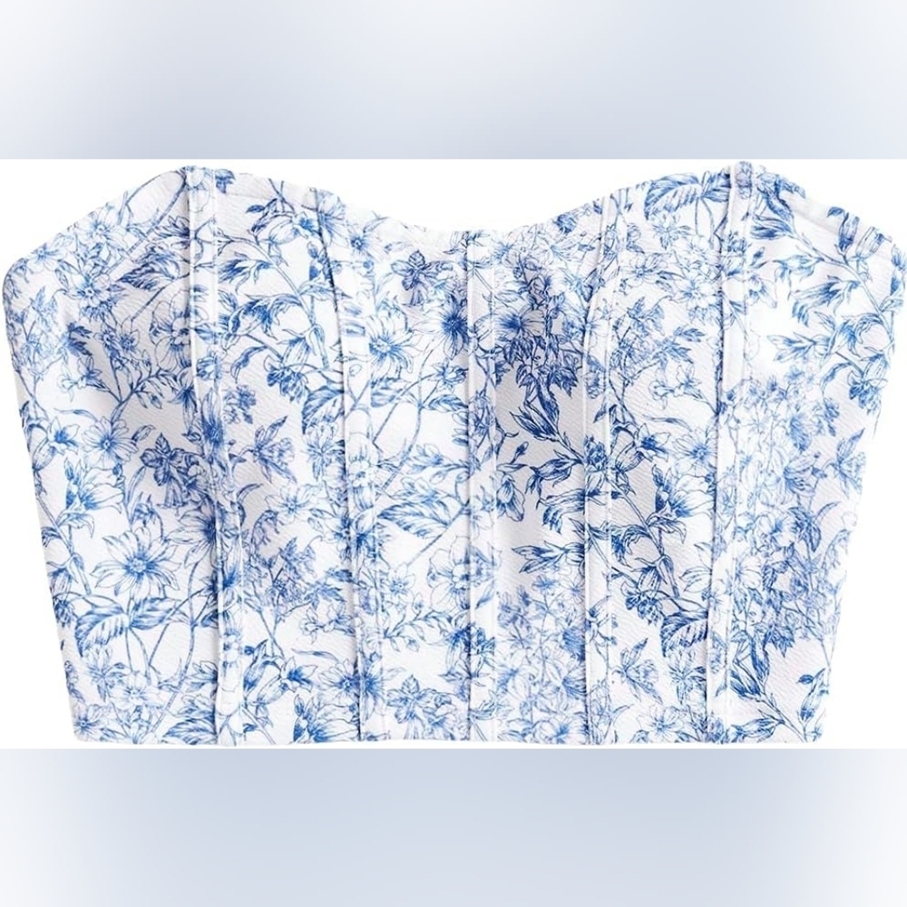 Women's Casual Ditsy Floral Print Sleeveless Strapless Bandeau Tube Crop Top, S